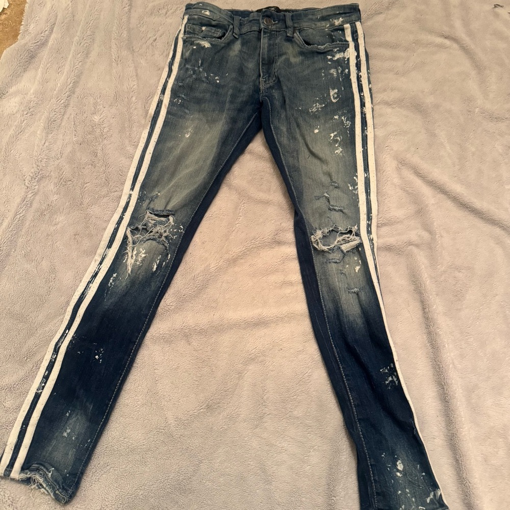 Jordan Craig‎ Ross Distressed Paint Splatter Blue Jeans White Stripes Size 30x32